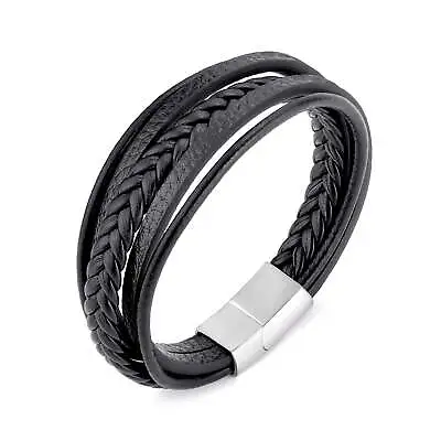 Buy Men's Genuine Black Leather Bracelet With Stainless Steel Clasp • 10.99£