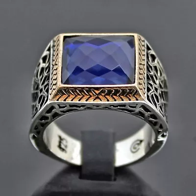 Buy 925 Sterling Silver Men's Ring Sapphire Blue Zirconia Unique Handmade Jewelry • 64.85£