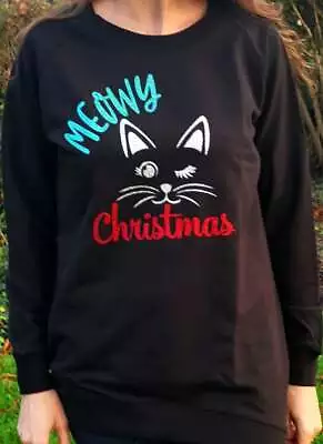 Buy Meowy Christmas And A Cat Face Women's Long Length Christmas Sweatshirt • 22£