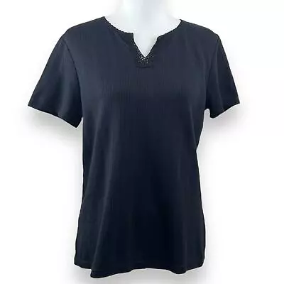 Buy Basic Editions Wmns Split Neck Short Sleeve Ribbed Top Blouse Shirt Size L Black • 9.06£