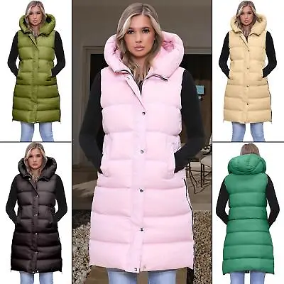 Buy Womens Ladies Long Line Hooded Puffer Gilet Jacket Padded Vest Top Body Warmer • 25.99£