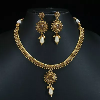 Buy South Indian Copper Heavy Bridal Wedding Jewelry Polki Kundan Necklace For Women • 19.30£