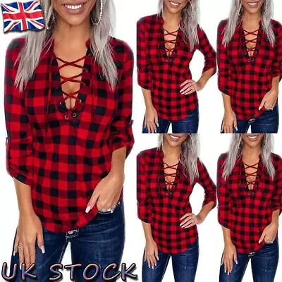 Buy Women Plaid Checked V Neck Shirt Ladies Long Sleeve Lace Up Blouse Casual Tops • 2.69£