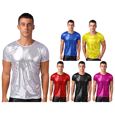 Buy Mens Sparkle Sequin Round Neck Short Sleeve T-Shirts Tops Shiny Nightclub Party • 13.19£