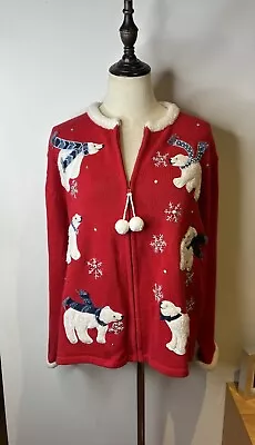 Buy Carly St Claire 2004 Cardigan Jacket Zip Up Red Polar Bear Christmas Xmas  Large • 30.04£