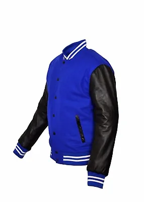 Buy Royal Blue Bright Blue Wool Black Real Leather Sleeves Letterman Varsity Jacket • 79£