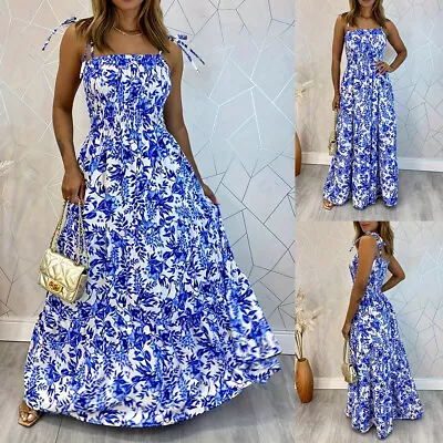 Buy Womens Floral Strappy Dress Boho Sundress Long Maxi Dress Summer Holiday Beach • 3.99£