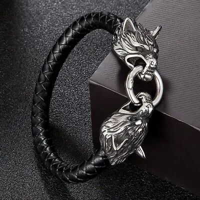 Buy Classic Animal Viking Double Dragon Wolf Head Bracelet Punk Jewelry Pulseras • 17.51£