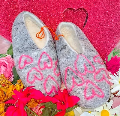 Buy Wool Handmade Heart Slippers Slip On Pink Hearts Imported From Peru SZ 40 SALE! • 165.37£