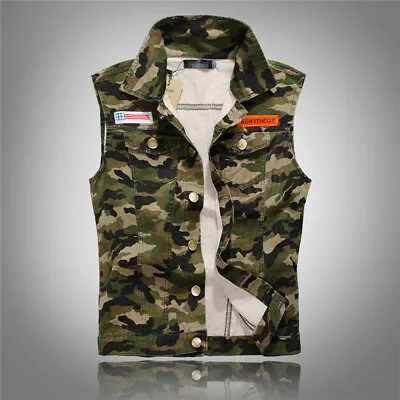 Buy Men's Vest Denim Jacket Sleeveless Shirt Waistcoat Camouflage Jean Coat • 28.82£