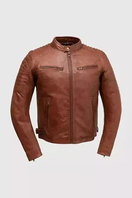 Buy Mens Brown Motorcycle Quilted Biker Cafe Racer Aviator Slim Fit Leather Jacket • 18.74£