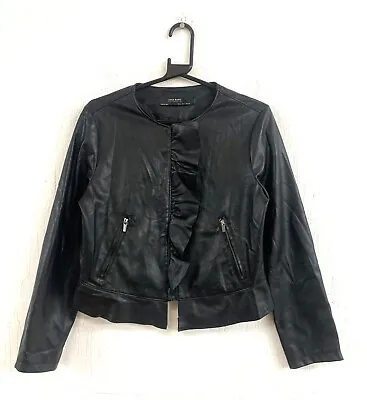 Buy ZARA Outerwear Black Soft Faux Leather Frilled Collarless Short Jacket Size 10 • 4.99£