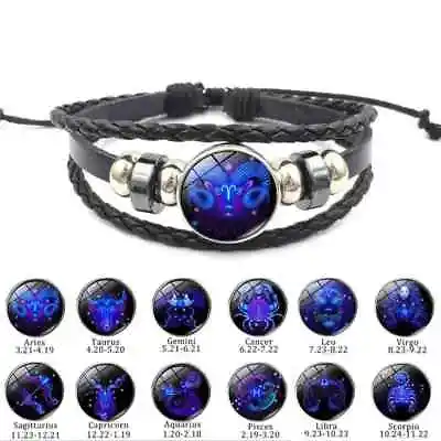 Buy Men's Zodiac Adjustable Leather Bracelet Black Wristband Jewellery Gift • 5.99£