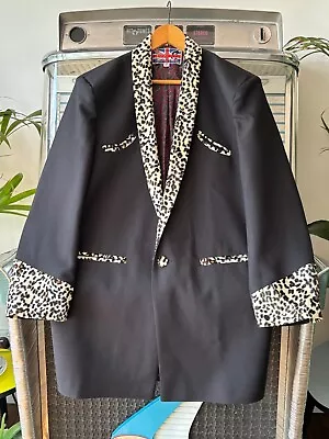 Buy Teddy Boy Drape Jacket . Black With Leopardskin Velvet Roll Collar . Size 38 . • 195£