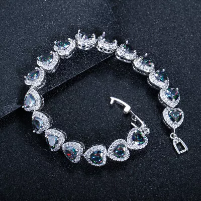 Buy Mystical Top Dark CZ Heart Bracelet Bangle For Women Lover Rainbow Topaz Jewelry • 14.51£