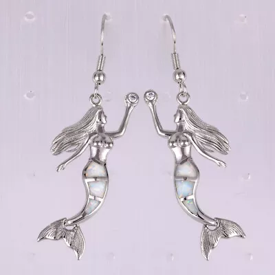 Buy White Fire Opal Mermaid Women Silver Jewellery Dangle Drop Earrings • 4.50£