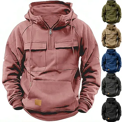 Buy Mens Cargo Combat Hoodie Long Sleeve Half Zip Sport Army Tactical Sweatshirt Top • 23.89£
