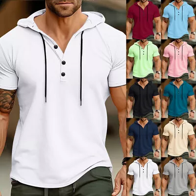 Buy Mens Hooded T Shirt Short Sleeve Button Neck Sport Casual Hoodie Tops Size 38-46 • 2.99£