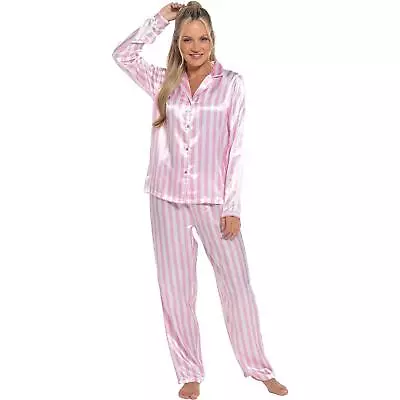 Buy Satin Pyjamas Long Sleeved Full Length Ladies  Silk-Feel Summer Nightwear UK • 15.99£