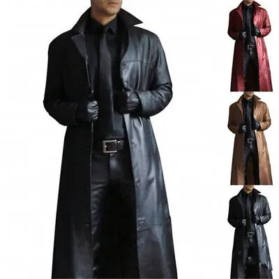 Buy Men PU Leather Trench Thin Coat Long Jacket Outwear Formal Office Casual Peacoat • 52.66£