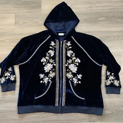 Buy Time For Me Hoodie Jacket Womens 3X Navy Velvet Zip Up Floral Embroidered • 75.55£