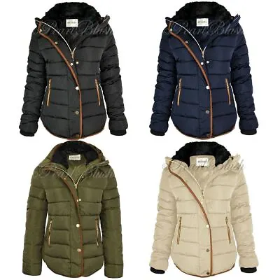Buy Womens Ladies Quilted Winter Coat Puffer Fur Collar Hooded Jacket Parka Size • 29.99£