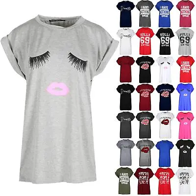 Buy Ladies Short Turn Up Cap Sleeve T Shirt Womens Eyes Lips Baggy Oversized Tee Top • 4.45£