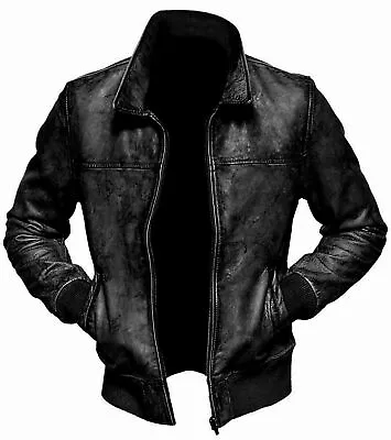 Buy Men's Motorcycle Vintage Distressed BLACK Biker Bomber Winter Leather Jacket • 22£