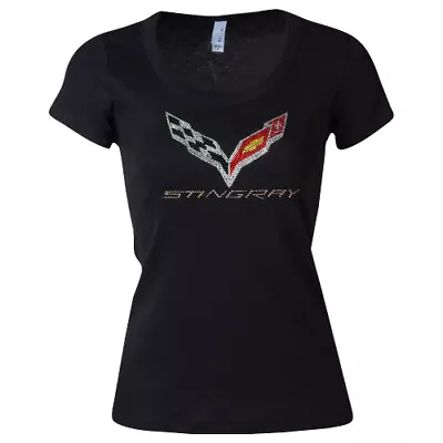 Buy NEW!! C7 Stingray Corvette Ladies Black Tee Rhinestone STINGRAY FLAG • 28.37£