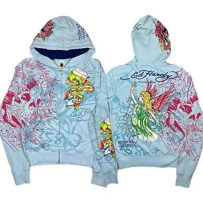 Buy Ed Hardy Y2K Blue Tattoo Graphic Skull Fairy Sailor 2000s Hoodie, Size Small • 80£