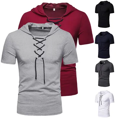 Buy Mens Slim Fit Short Sleeve Casual T-shirts Tops V Neck Hoodies Hooded T Shirt UK • 6.89£