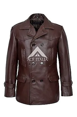 Buy GERMAN Mens Leather Pea Coat Brown Classic Reefer Military Cowhide Jacket DR WHO • 103.97£