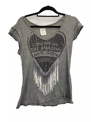 Buy Printed Black & Grey Tasselled/Fringed Heart T Shirt Size 10 Casual Rock Chick • 9£