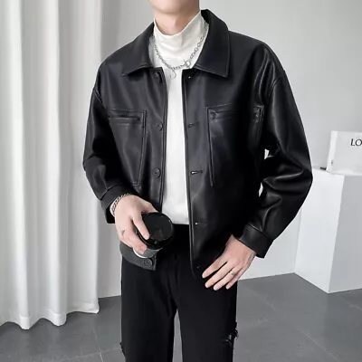 Buy Men’s Leather Faux Jacket Fashion Loose Fit Retro Vintage Coat Brown Black • 32.40£