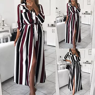 Buy Women Striped Maxi Shirt Dress Ladies Long Sleeve Casual Loose Button Down Dress • 3.99£