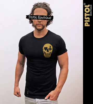 Buy Pistol Boutique Men's Fitted Black Crew GOLD CHEST SKULL HEART CROSS T-shirt • 22.49£