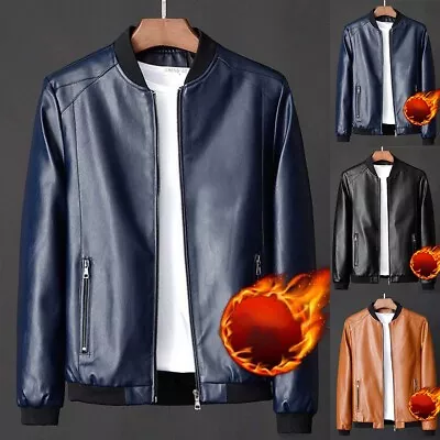 Buy Mens Jacket Baseball Clothes Casual Collarless Elegant Faux Leather Fit Slim • 23.59£