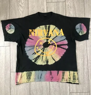 Buy Vintage 90s Nirvana Smiley Tie-Dye Bootleg T-Shirt Size XL • 700£