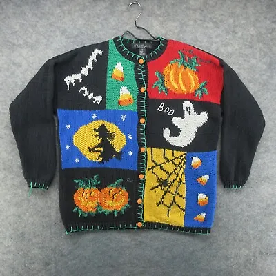 Buy VTG Work In Progress Sweater Womens XL Black Cardigan Ghost Pumpkin Witch Moon • 37.79£