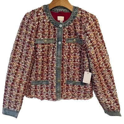 Buy Ecru Tweed With Denim Jacket Beetroot Womens Small Knit Button Up Structured NEW • 241.14£