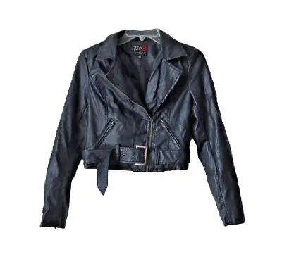 Buy Red Snap RS Black Faux Leather Cropped Motorcycle Jacket With Belt Size Medium • 22.19£