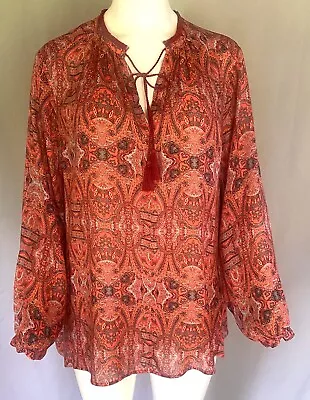 Buy Lucky Brand Size 2X Paisley Long Sleeve Peasant Blouse Tunic Top Tassel Tie Neck • 21.73£