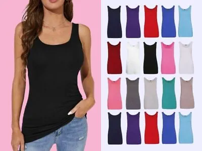 Buy Womens Scoop Neck Sleeveless Ladies Long Stretch Plain Vest Strappy T-shirt Top • 6.89£