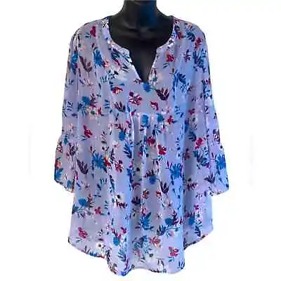 Buy Women’s Liz Claiborne Blue Sheer Floral Bell Sleeve Blouse Lined Plus Size XXL • 16.06£