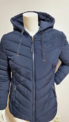 Buy New Lauren Ralph Lauren Stretch Chevron Quilted Puffer Navy Hooded Jacket Size S • 76.85£