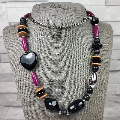 Buy Statement Necklace Long Beaded Chain Black Heart Pink Wood Beads Jewellery Boho  • 11£