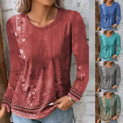 Buy Womens Floral Ethnic Vintage T-Shirts Ladies Print Long Sleeve Tunic Tops Blouse • 12.09£