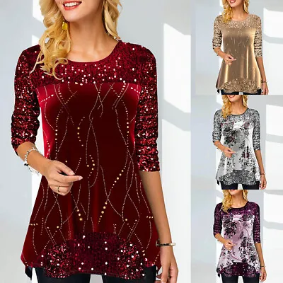 Buy Women Glitter Floral T-Shirt Tunic Top Ladies Long Sleeve Christmas Party Blouse • 12.39£