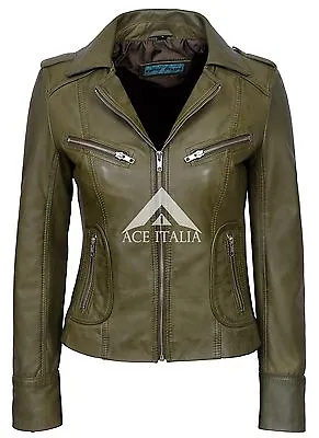 Buy RIDER Ladies Olive Green Biker Style Soft Real Lamb Leather Jacket 9823 • 93.66£
