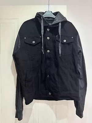 Buy HAWKS BAY USA Men’s Black Denim Jacket Grey Jersey Sleeve & Hood Size M • 20£